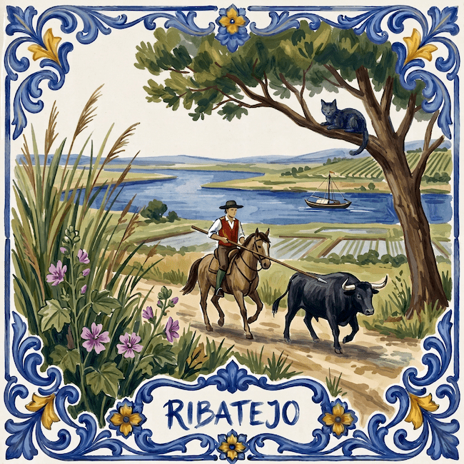 Painted azulejo of Ribatejo: a campino on horseback driving a black bull by the Tejo, and Fado Gato asleep in a tree.