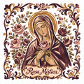 Azulejo de la Virgen como Rosa Mística, con velo ciruela, aureola dorada y una rosa, entre rosas y una cenefa ciruela y oro