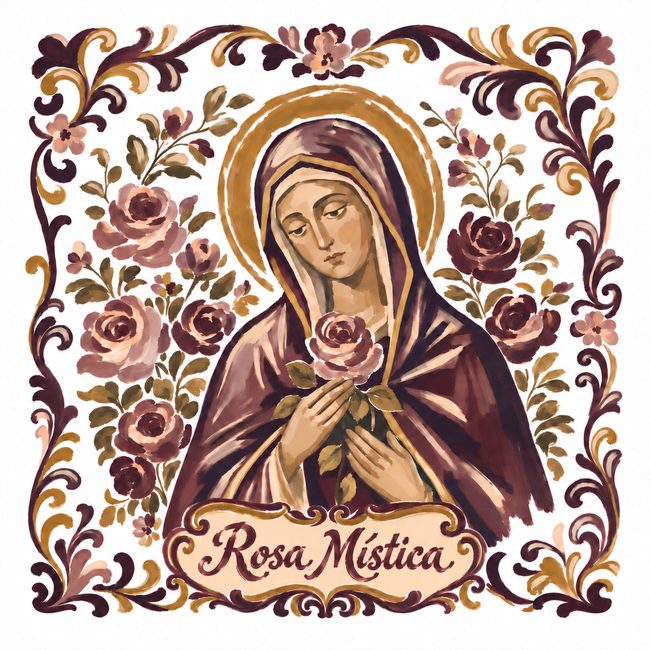 Azulejo de Notre-Dame en Rosa Mística, voilée de prune, auréole dorée, tenant une rose parmi les roses, bordure prune et or