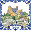 Azulejo tile showing Pena Palace above the wooded hills of Sintra, a black cat on a garden wall.