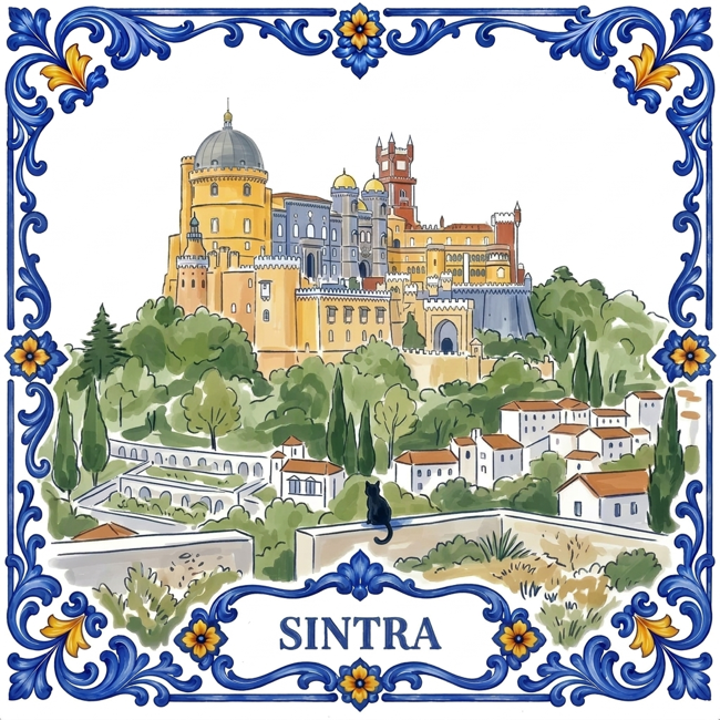 Azulejo tile showing Pena Palace above the wooded hills of Sintra, a black cat on a garden wall.