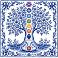 Blue and white azulejo of a figure meditating under a flowering tree, seven colored chakra symbols rising up its trunk.