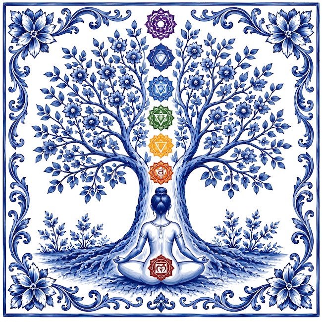 Blue and white azulejo of a figure meditating under a flowering tree, seven colored chakra symbols rising up its trunk.