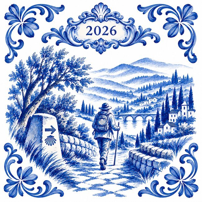 Blau-weißer Azulejo mit einem Pilger an einem Wegstein des Jakobswegs, mit der Jahreszahl 2026 in einer Kartusche oben