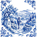 Azulejo azul y blanco de un peregrino junto a un mojón con flecha y concha, camino de un puente de piedra y un pueblo