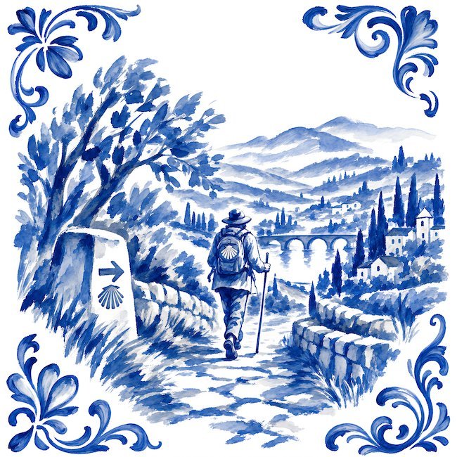Azulejo azul y blanco de un peregrino junto a un mojón con flecha y concha, camino de un puente de piedra y un pueblo