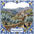 Azulejo tile showing a granite village, terraced hills and old olive trees in Trás-os-Montes, a black cat beneath a tree.