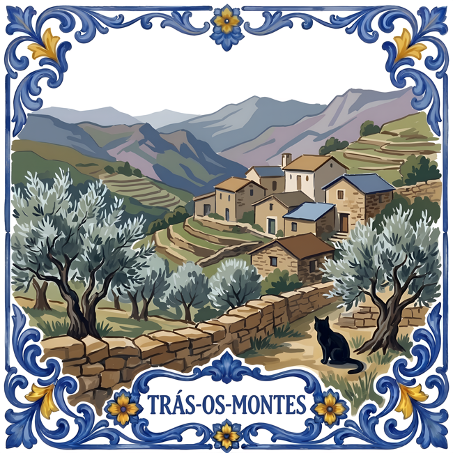 Azulejo tile showing a granite village, terraced hills and old olive trees in Trás-os-Montes, a black cat beneath a tree.