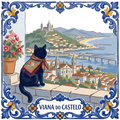 Azulejo tile showing Santa Luzia above Viana do Castelo and the river Lima, a black cat in an embroidered scarf.