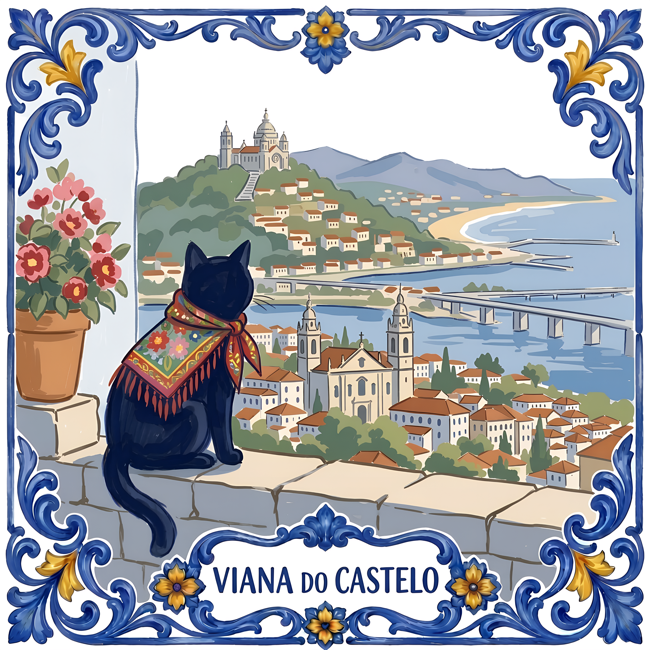 Azulejo tile showing Santa Luzia above Viana do Castelo and the river Lima, a black cat in an embroidered scarf.